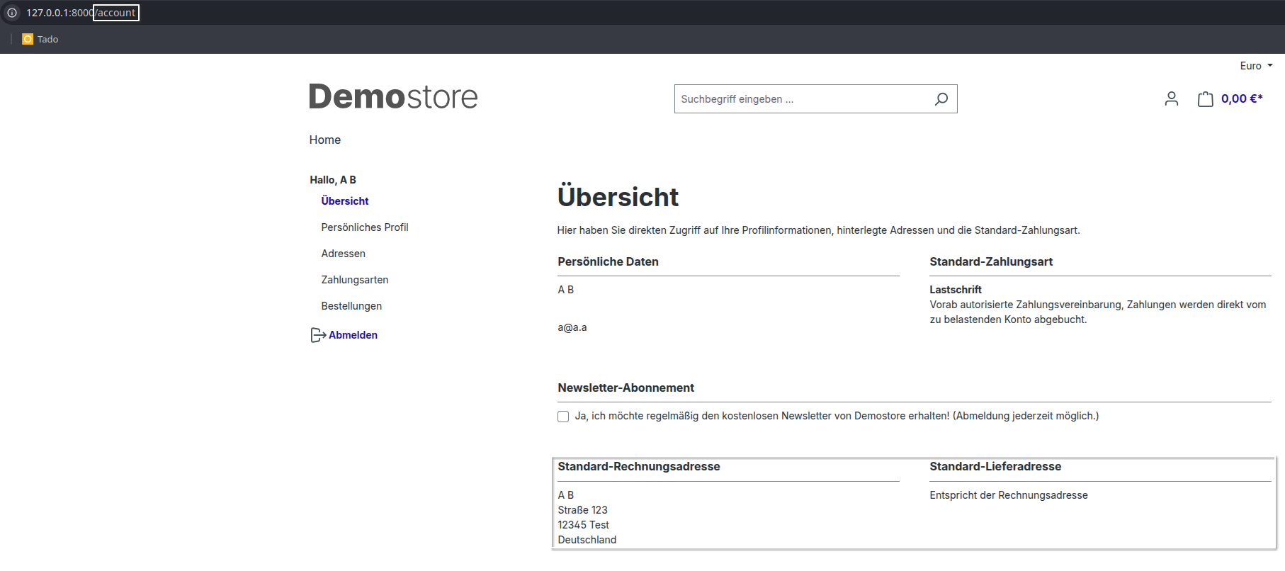 Account Adressen&uuml;bersicht