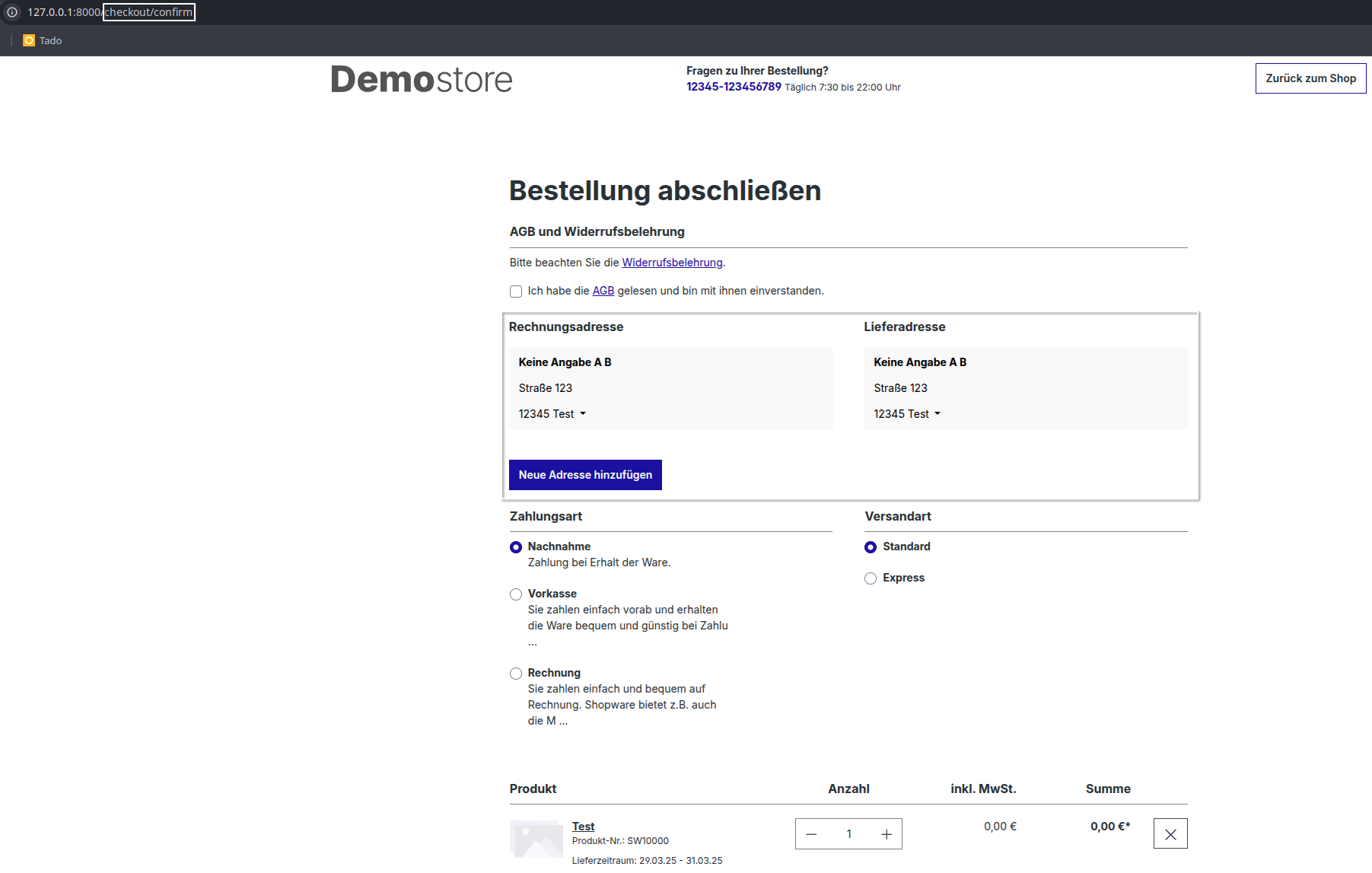 Checkout Adressen&uuml;bersicht